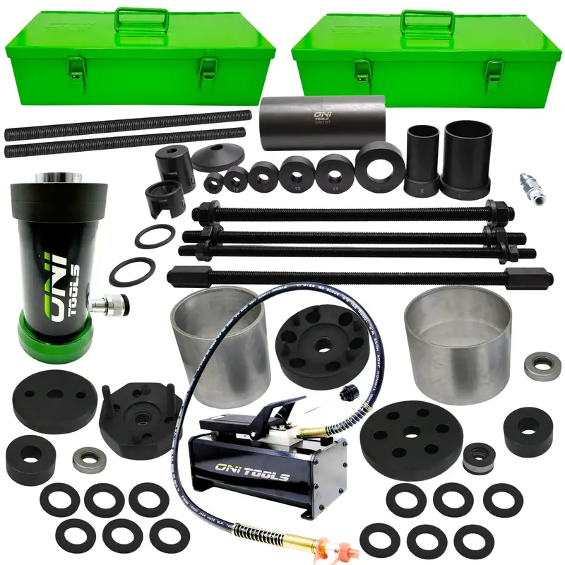 Heavy‑Duty Universal & Hendrickson Bushing / Leaf Spring Pin Remover & Installer Hydraulic Master Kit – 18‑Ton Hydraulic Ram + Foot‑Pump + Narrow & Wide Hendrickson Bushing Adapters Set 50544012, Tg 15030, Hdl-50544012 S-24736, 15041, S-21307 & 15040 Alt 1