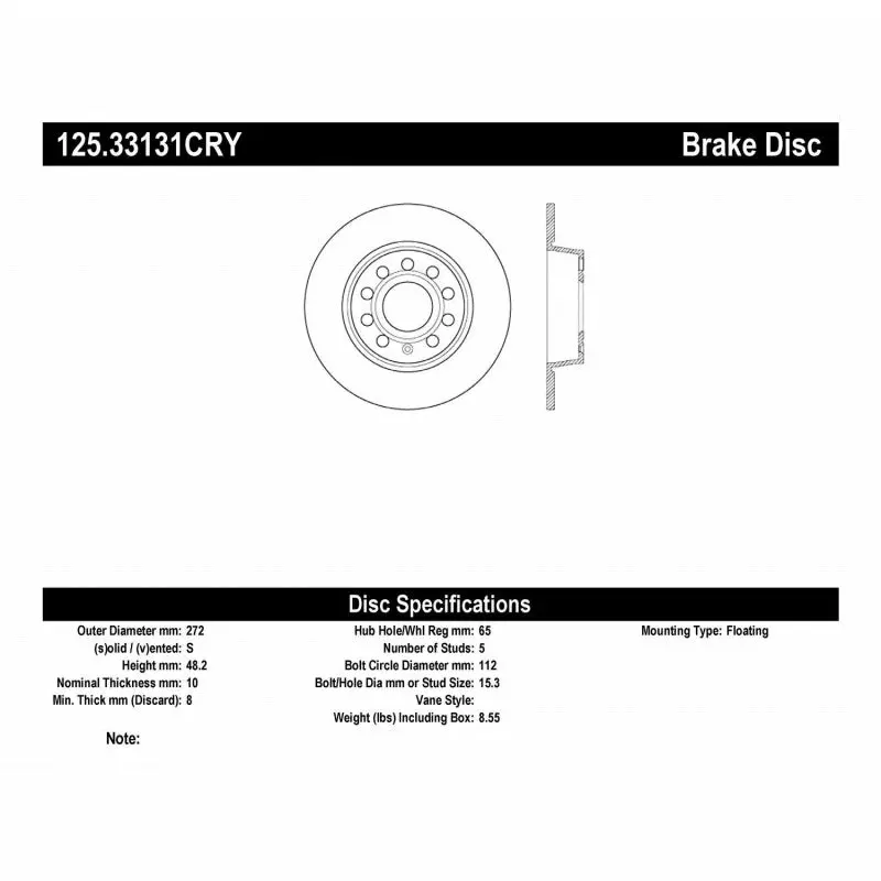 Stoptech 10-13 Vw Golf/Gti/Jetta W/ 272Mm Rear Disc Rear Premium High Carbon Cryo Brake Rotor 1