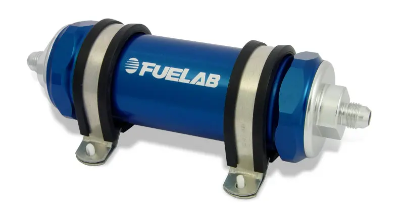 Fuelab 828 Inline Fuel Filter – -12An Inlet/Outlet, 100-Micron Stainless Steel, Blue Housing 1