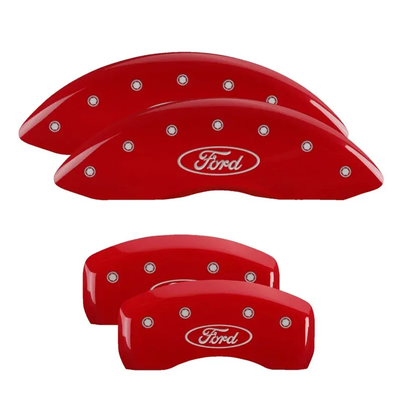Mgp Engraved 4-Piston Caliper Covers For Ford Vehicles – Front & Rear, Oval Logo, Red Finish With Silver Accent 1