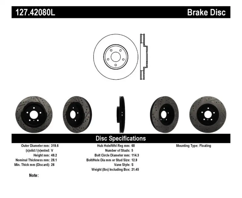Stoptech Slotted And Drilled Front Left Brake Rotor For 2006–2007 Nissan 350Z / G35 Sport & G35X 1